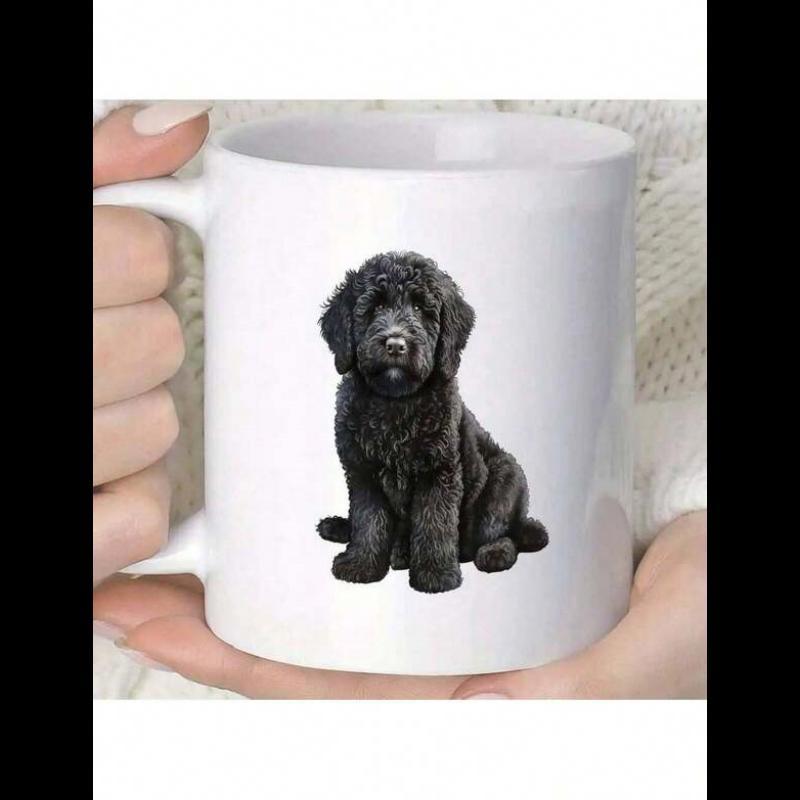Tailorly White Ceramic 11 oz Mug - Adorable Fluffy Black Labradoodle Sitting Patiently With Soft Curly Furry Texture Dog