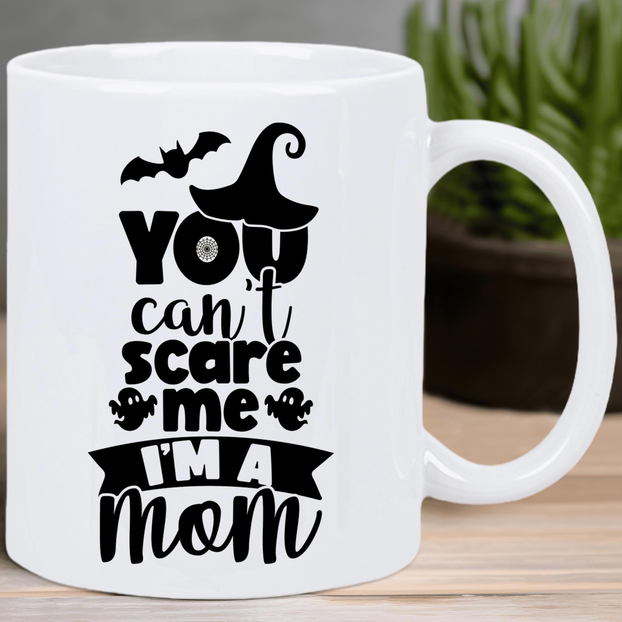 Tailorly White Ceramic 11 oz Mug - You Cant Scare Me Im A Mom Spooky Halloween Theme With Flying Bat Witch Hat And Tiny Ghosts Mug