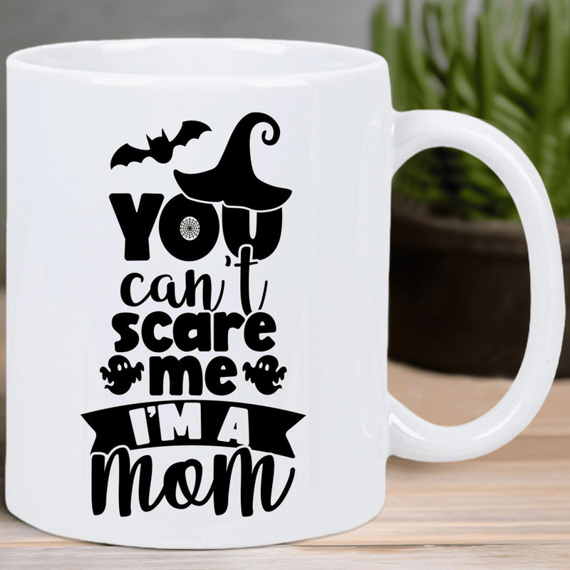 Tailorly White Ceramic 11 oz Mug - You Cant Scare Me Im A Mom Spooky Halloween Theme With Flying Bat Witch Hat And Tiny Ghosts Mug