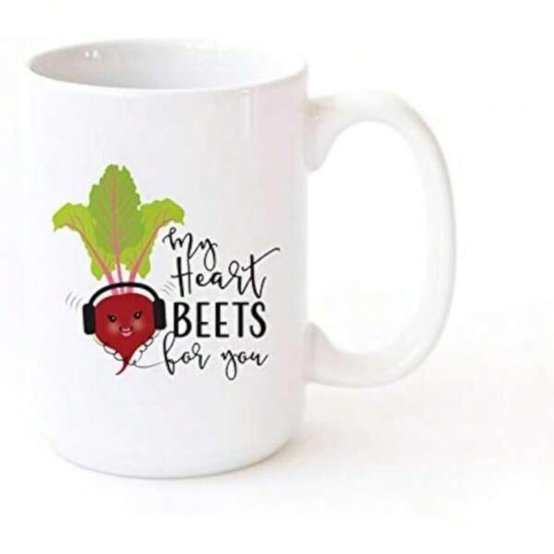Tailorly White Ceramic 11 oz Mug - My Heart Beets For You Cartoon Red Vegetable Wearing Black Headphones With Green Lush Leaves Beetroot