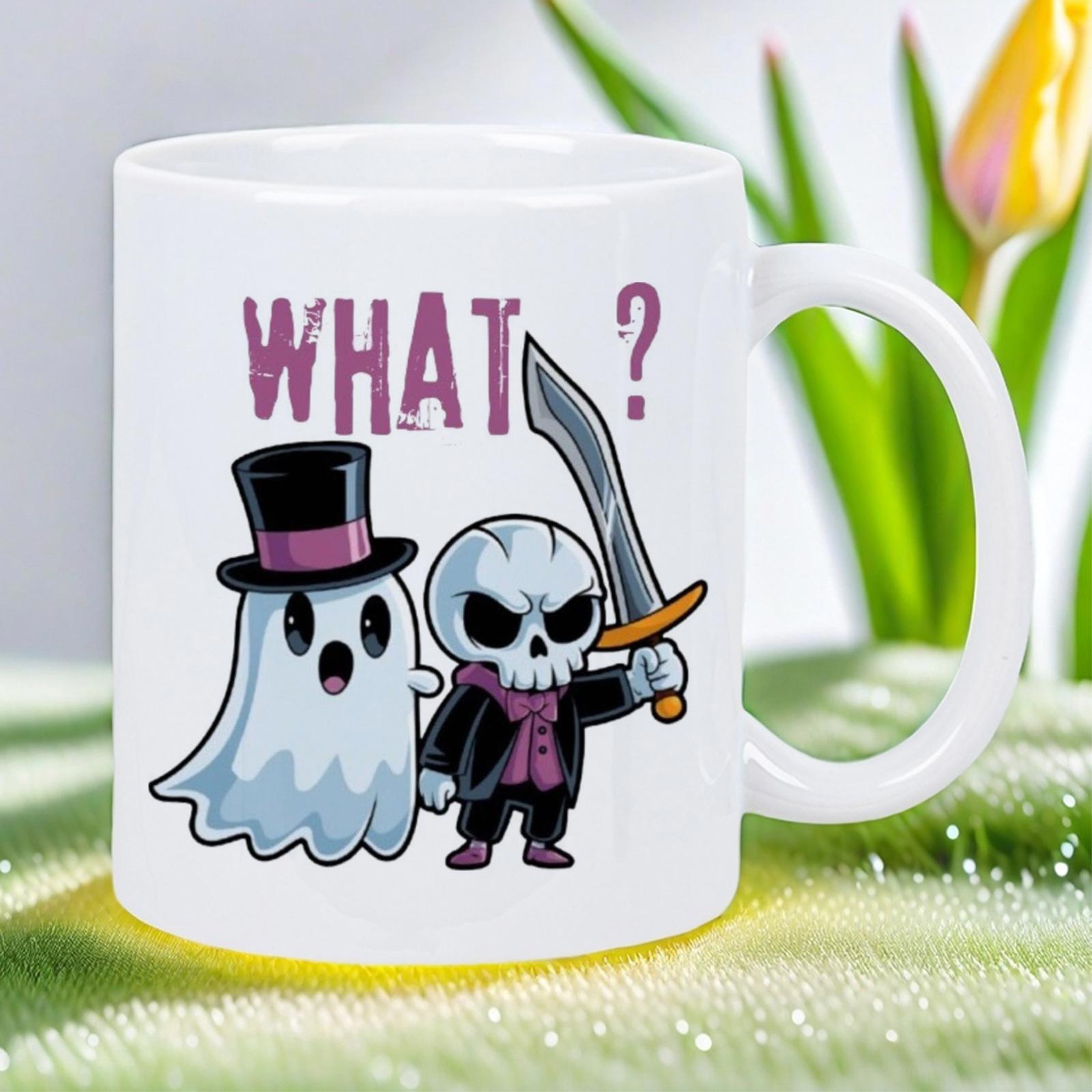 Tailorly White Ceramic 11 oz Mug - What Spooky Cute Cartoon Ghost And Brave Little Warrior Holding A Sword Skeleton