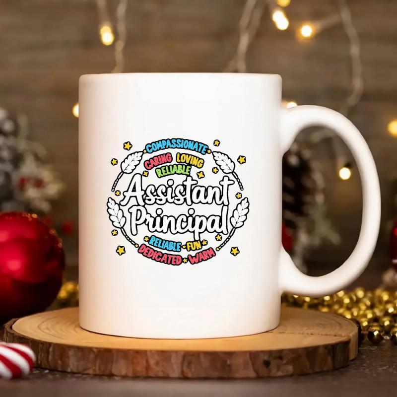 Tailorly White Ceramic 11 oz Mug - Assistant Principal Compassionate Caring Loving Reliable Resilient Fun Dedicated Warm Handwritten Script Surrounded By Feathers