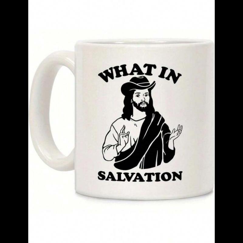 Tailorly White Ceramic 11 oz Mug - What In Salvation Bearded Man Wearing Cowboy Hat With Open Hands Among Sacred Robes Jesus