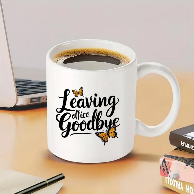 Tailorly White Ceramic 11 oz Mug - Leaving Office Goodbye Delicate Orange Monarch Wings Spread Gracefully Around Modern Cursive Font Butterfly