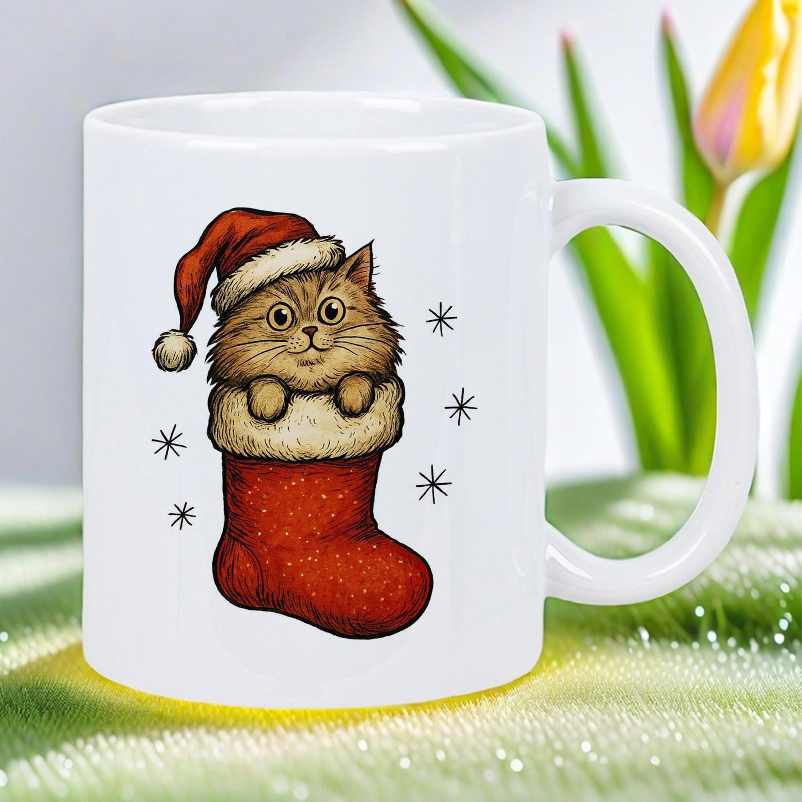 Tailorly White Ceramic 11 oz Mug - Cute Fluffy Kitten Wearing Festive Santa Hat Sitting Inside A Stocking Cat