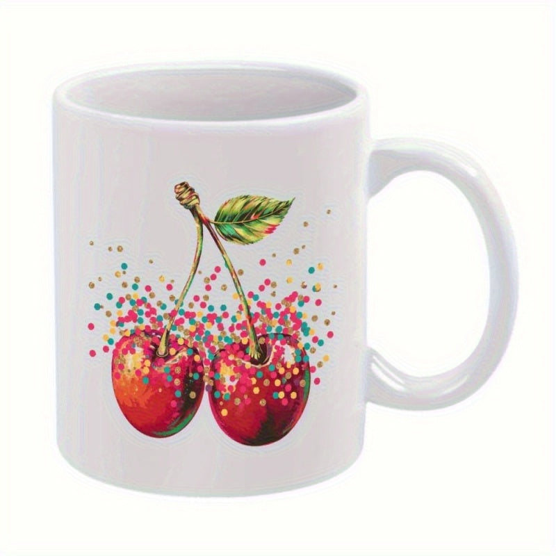 Tailorly White Ceramic 11 oz Mug - Vibrant Artistic Splashes Of Colorful Dots Decorating Two Sweet Red Cherry