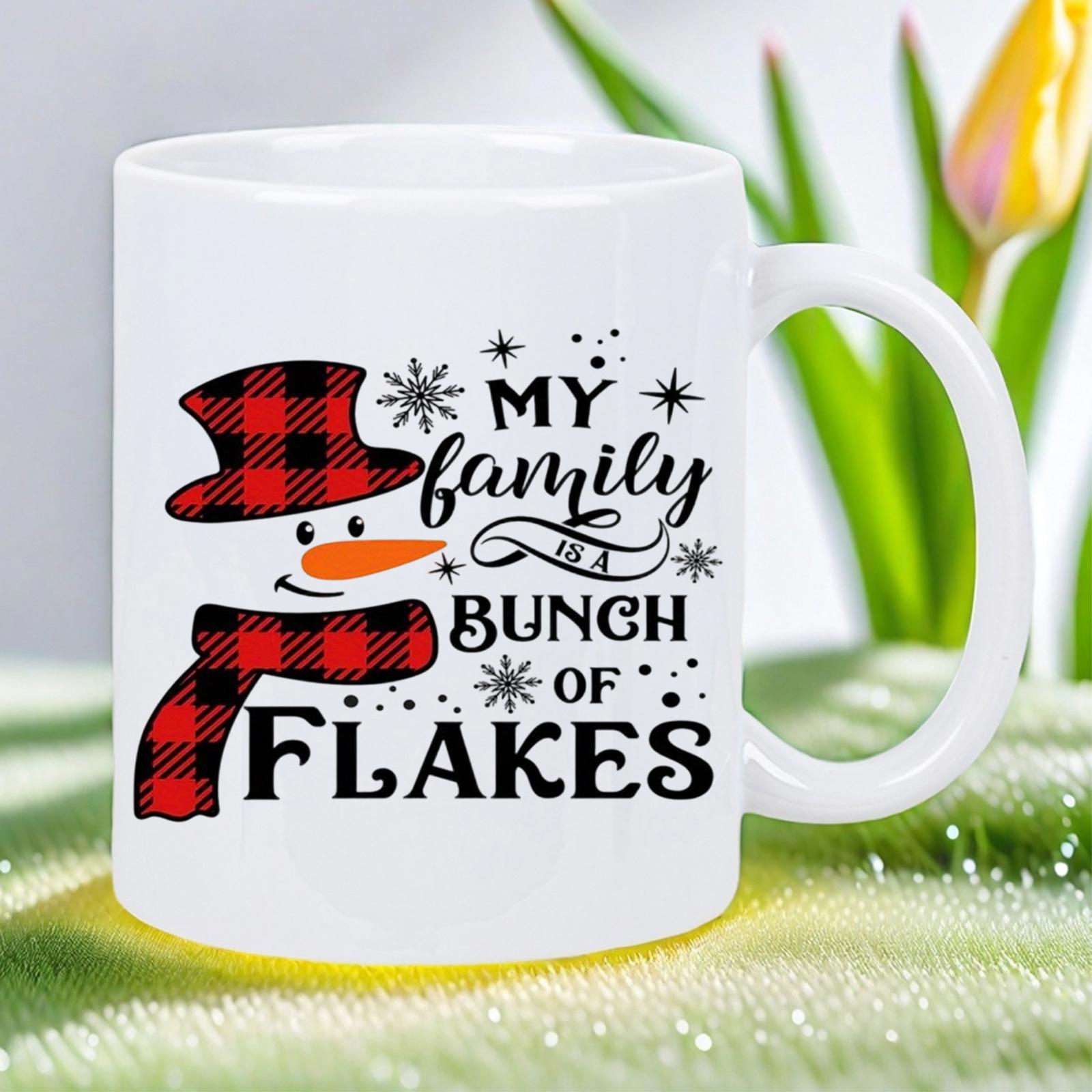 Tailorly White Ceramic 11 oz Mug - My Family Is A Bunch Of Flakes Festive Snowman Wearing Buffalo Plaid Scarf And Hat Amidst Shimmering Snowflakes Snowman