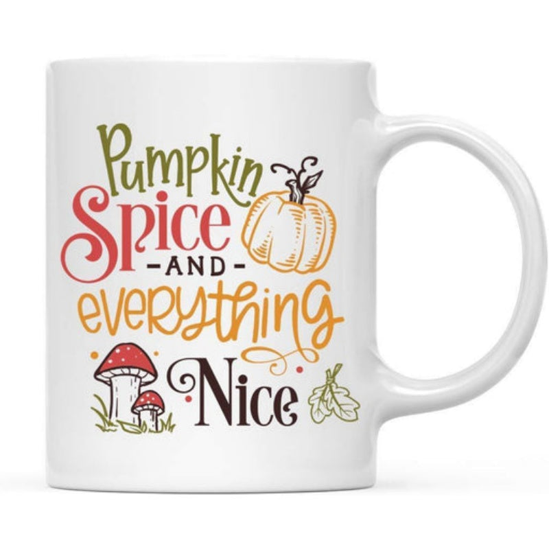 Tailorly White Ceramic 11 oz Mug - Pumpkin Spice And Everything Nice Autumn Harvest Design With Detailed Mushroom And Hand Drawn Pumpkin