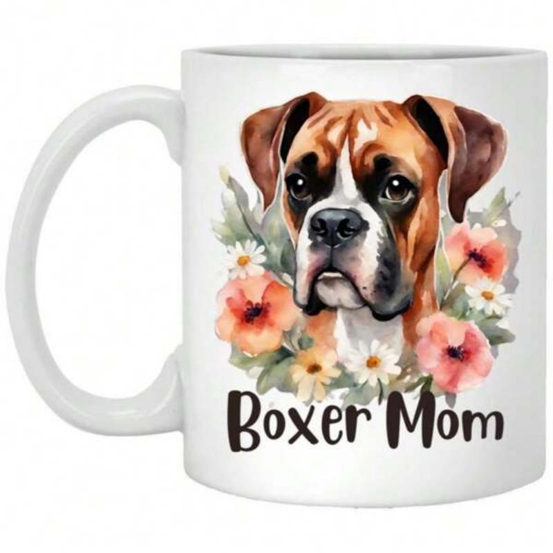 Tailorly White Ceramic 11 oz Mug - Boxer Mom Watercolor Style Boxer Dog Head Surrounded By Blooming Pink And White Flowers Boxer