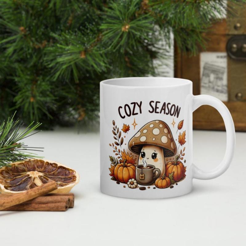 Tailorly White Ceramic 11 oz Mug - Cozy Season Adorable Character Holding Coffee Mug Among Autumn Pumpkins And Fallen Leaves Mushroom