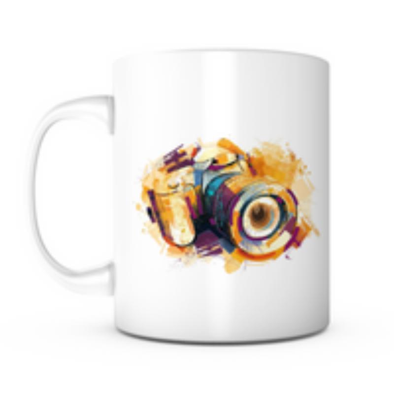 Tailorly White Ceramic 11 oz Mug - Abstract Artistic Watercolor Splatter Effect Featuring Vibrant Colors Around Professional Camera