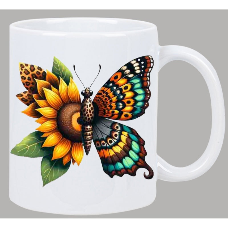 Tailorly White Ceramic 11 oz Mug - Vibrant Artistic Sunflower Merged With Colorful Detailed Winged Tropical Butterfly
