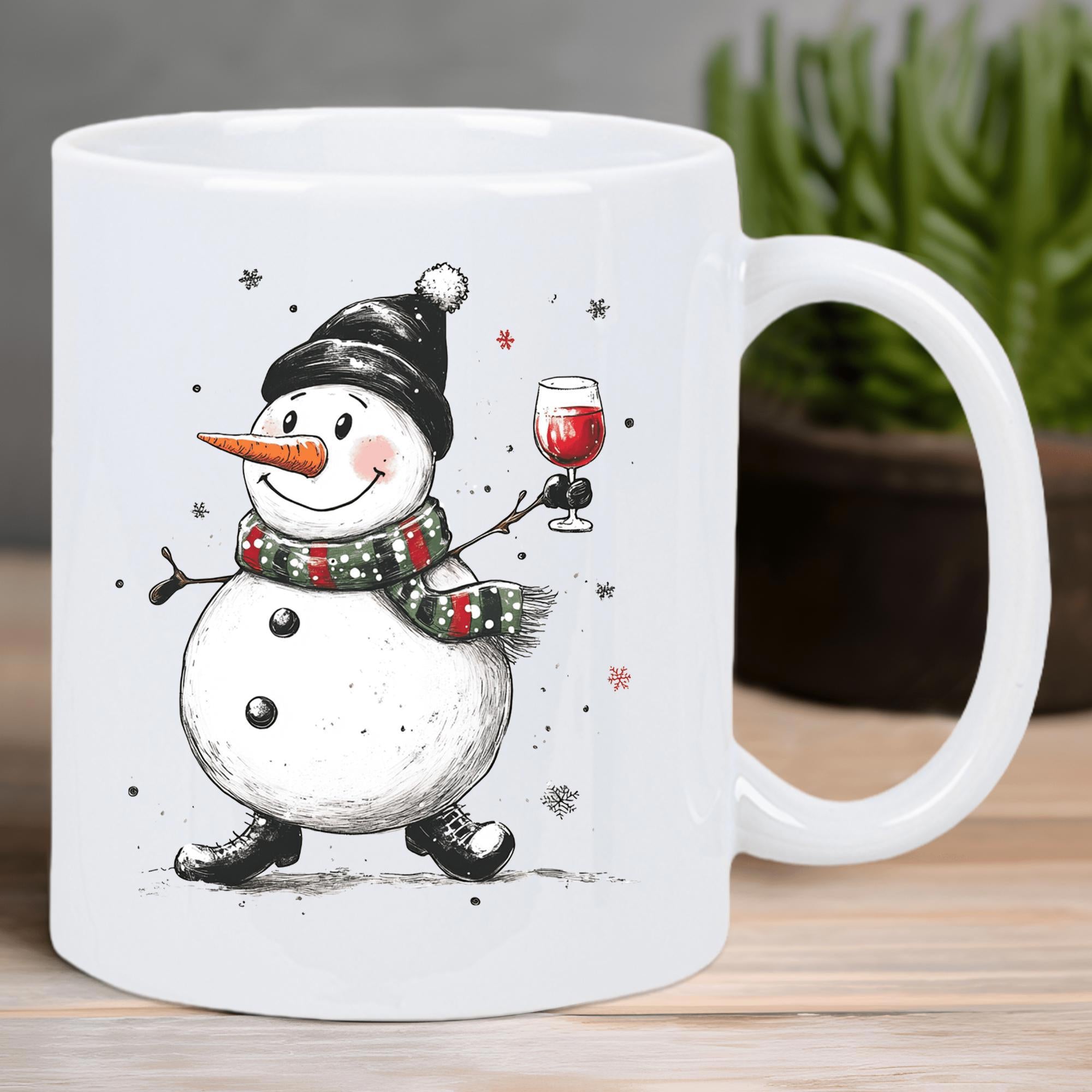 Tailorly White Ceramic 11 oz Mug - Hand Drawn Festive Winter Character Wearing Scarf Holding Glass Of Red Wine Snowman
