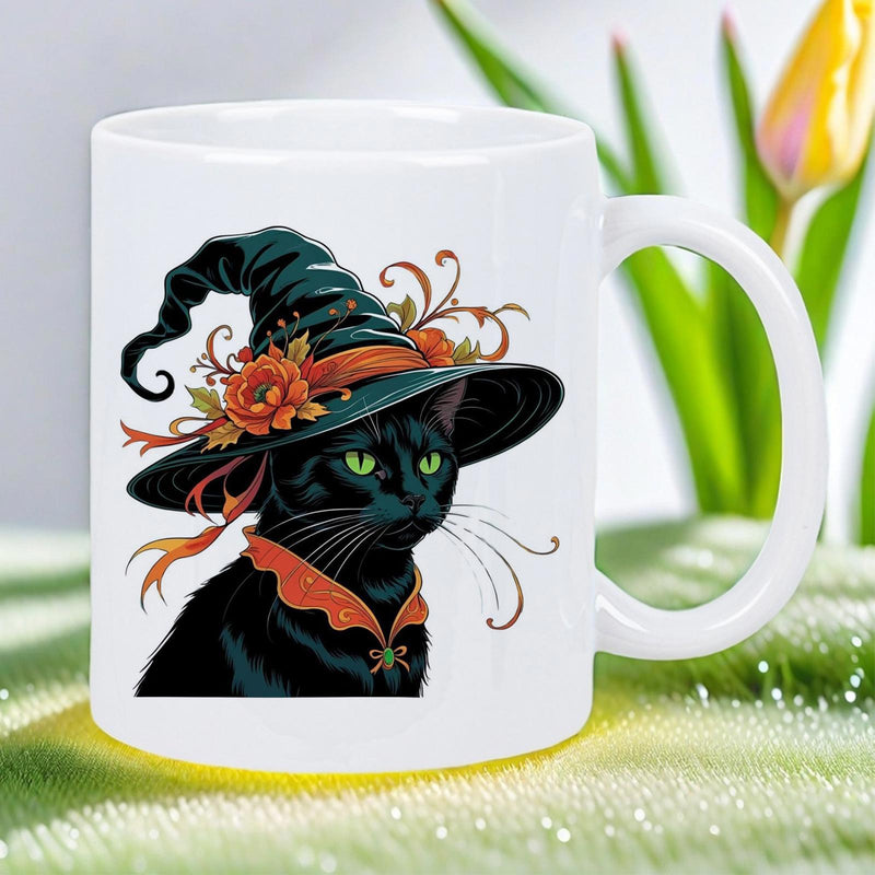 Tailorly White Ceramic 11 oz Mug - Mysterious Black Cat Wearing Ornate Witch Hat With Autumnal Floral Details Cat