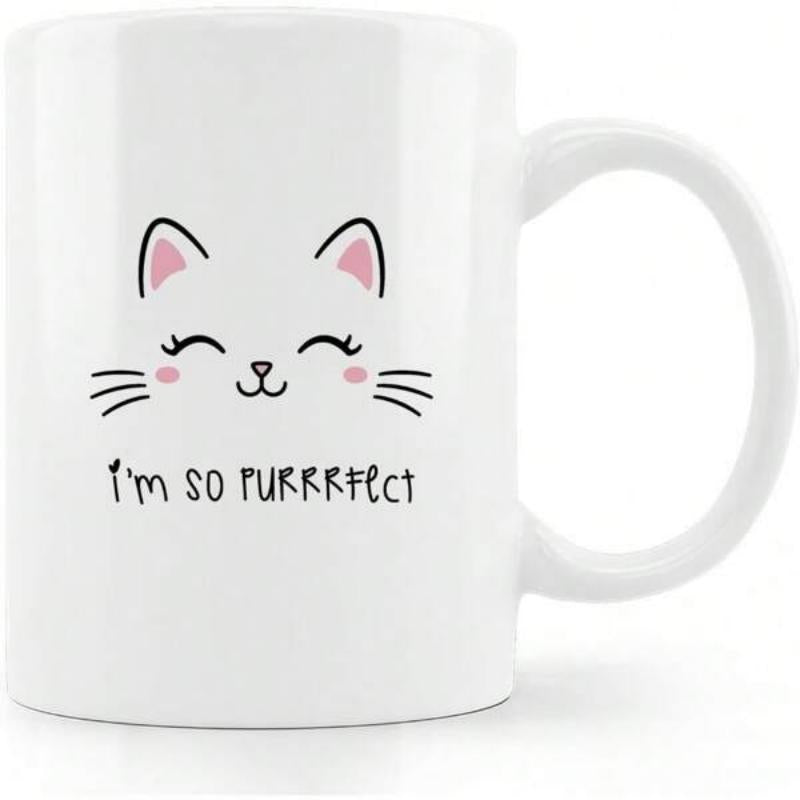 Tailorly White Ceramic 11 oz Mug - I'm So Purrrfect Minimalist Cartoon Face With Pink Ears And Cute Whiskers Cat