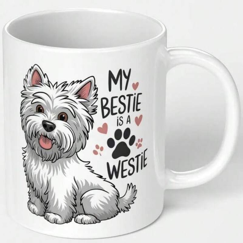 Tailorly White Ceramic 11 oz Mug - My Bestie Is A Westie Adorable White Fluffy Dog Sitting Among Tiny Hearts And Paw Prints Dog