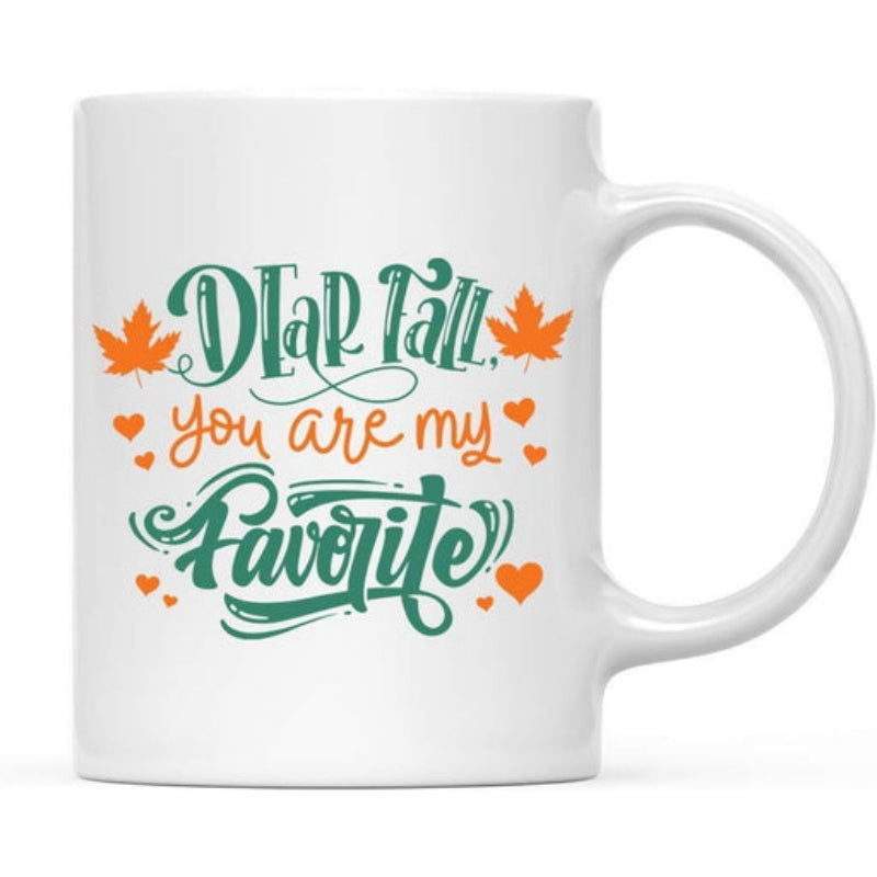 Tailorly White Ceramic 11 oz Mug - Dear Fall You Are My Favorite Vibrant Autumn Leaves With Tiny Hearts And Decorative Script Seasonal Message Leaf
