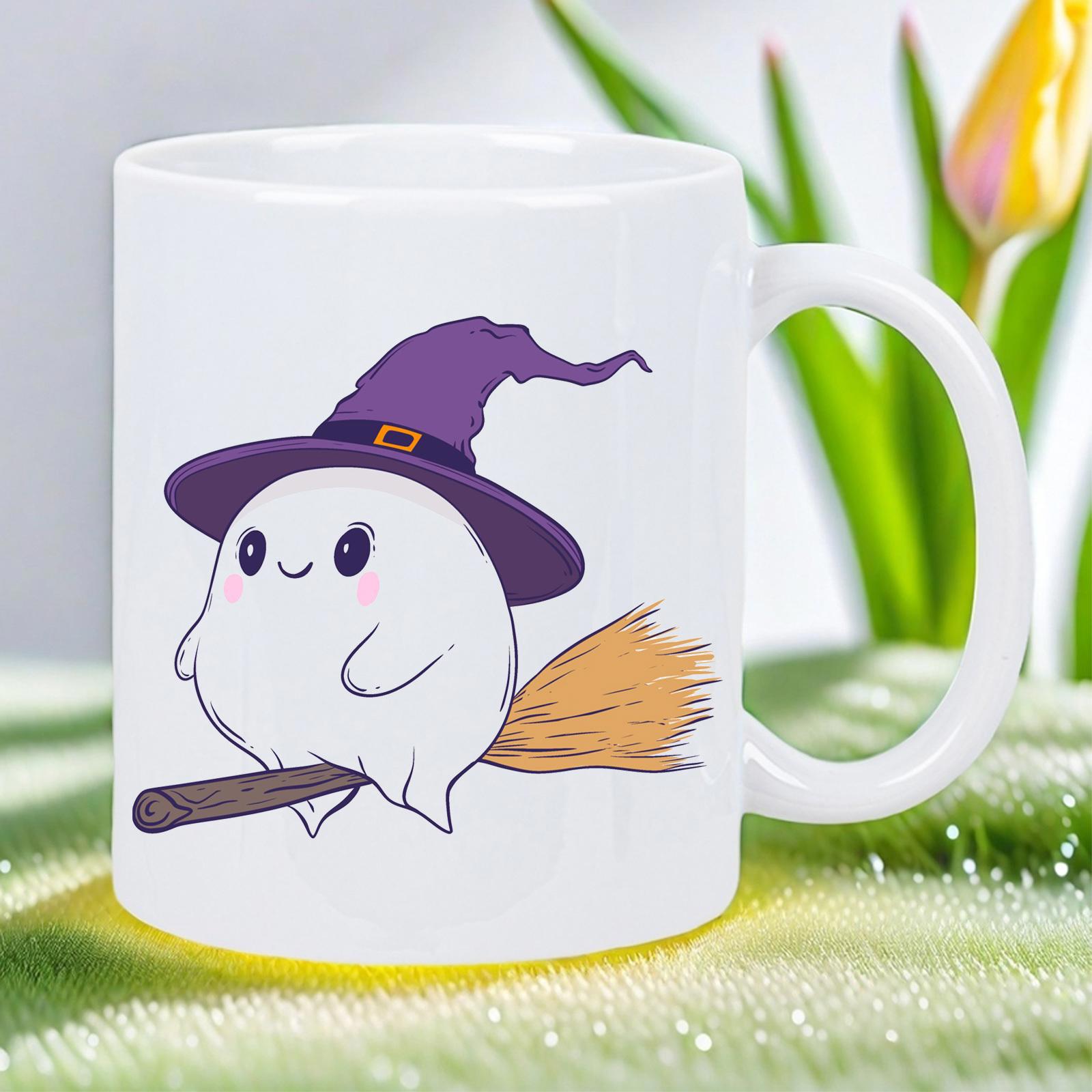 Tailorly White Ceramic 11 oz Mug - Adorable Little Ghost Wearing Purple Witch Hat Flying On Magic Wooden Broom Ghost