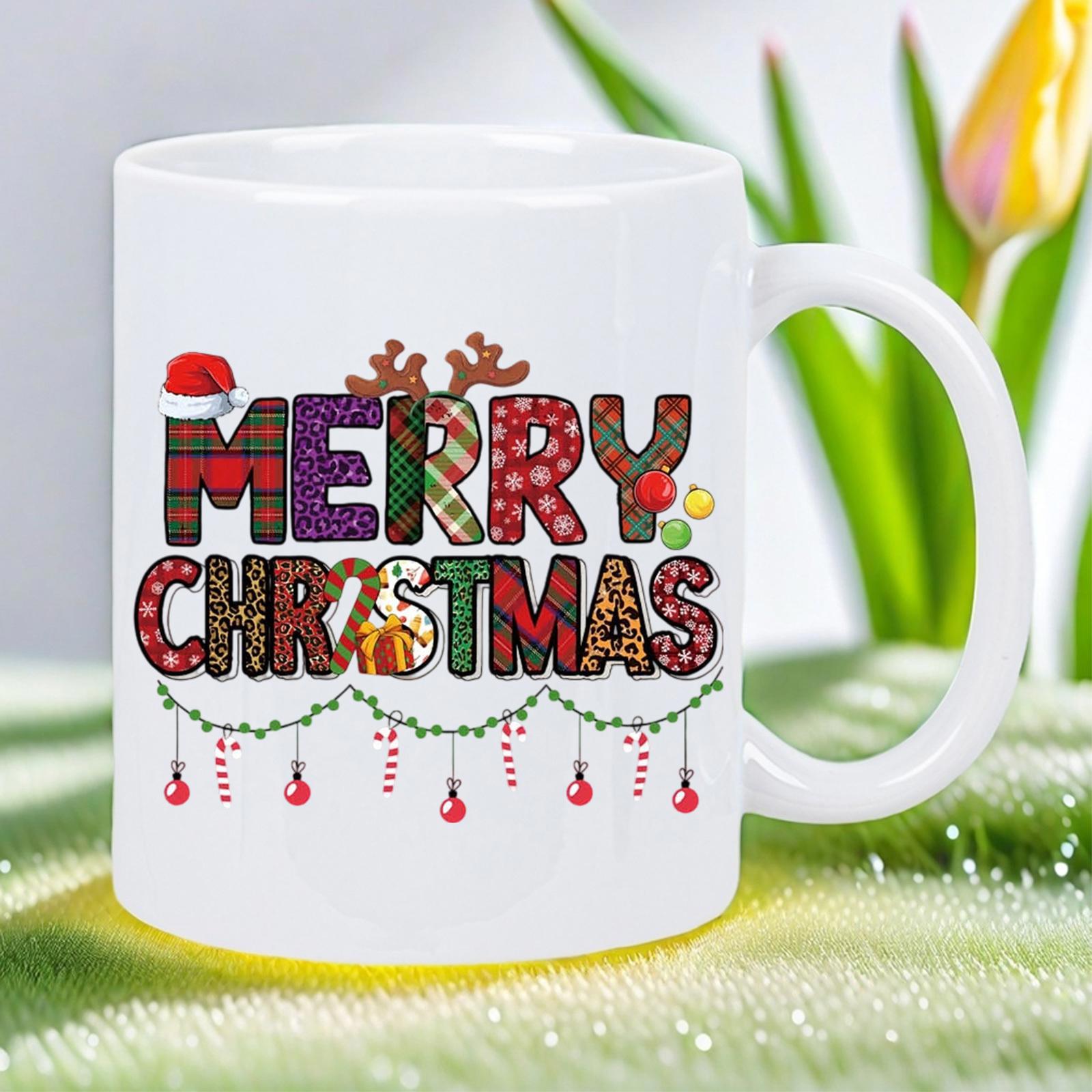 Tailorly White Ceramic 11 oz Mug - Merry Christmas Festive Patterns With Santa Hat Antlers And Decorative Hanging Garland Sign