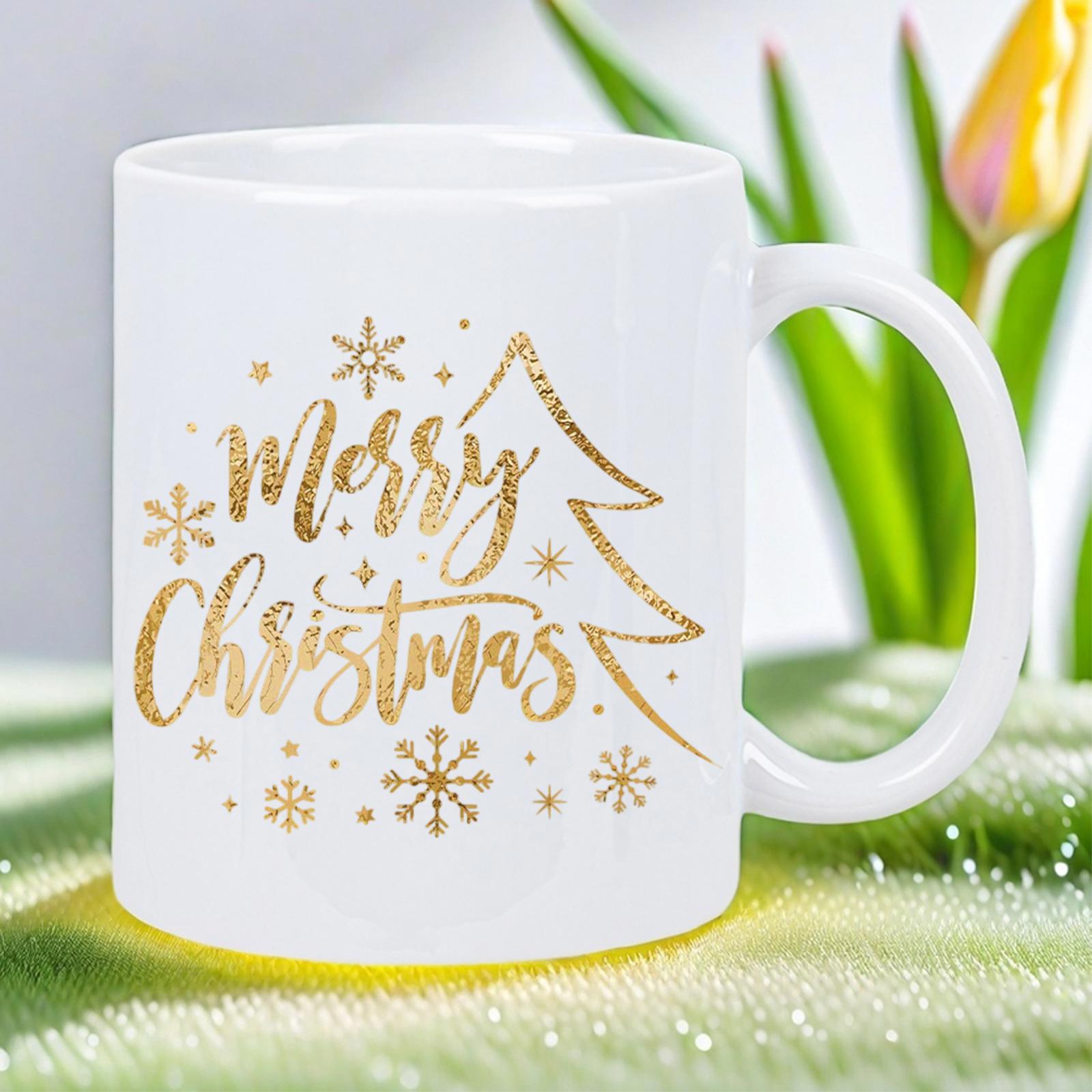 Tailorly White Ceramic 11 oz Mug - Merry Christmas Sparkling Golden Minimalist Outline With Delicate Snowflakes In Festive Style Tree