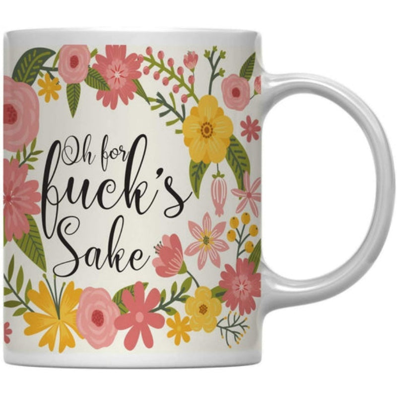 Tailorly White Ceramic 11 oz Mug - Oh For Fucks Sake Vibrant Pink And Yellow Blossoms Arranged In A Circular Decorative Floral Flower