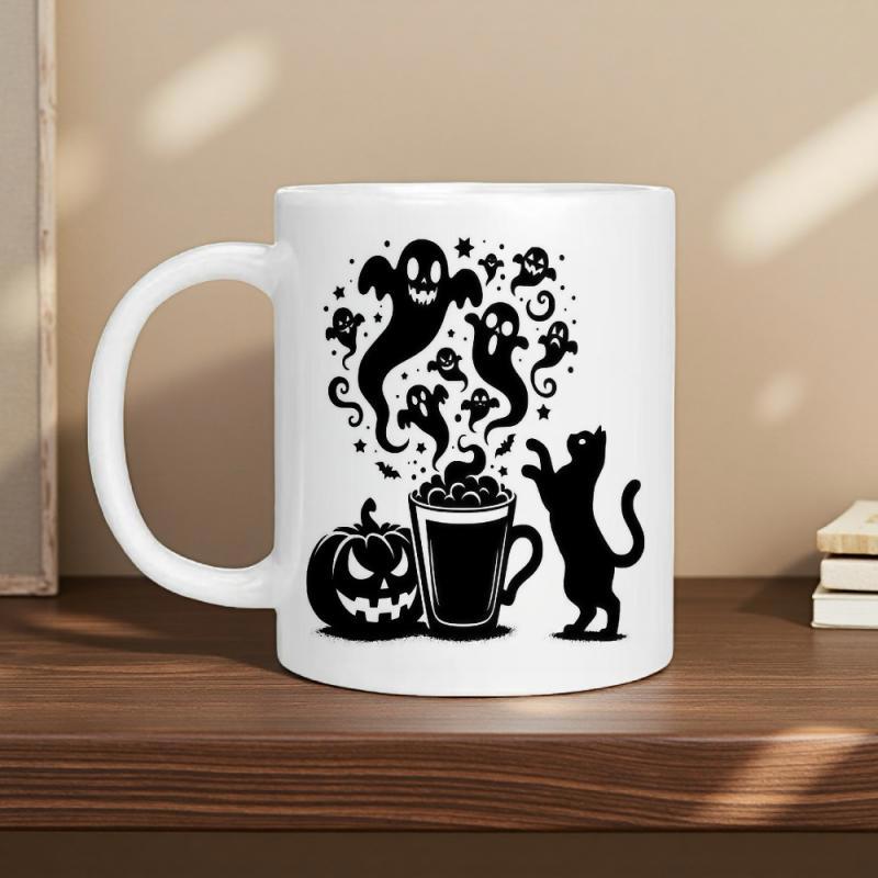 Tailorly White Ceramic 11 oz Mug - Playful Halloween Silhouettes Of Cat And Pumpkin With Floating Spooky Ghost