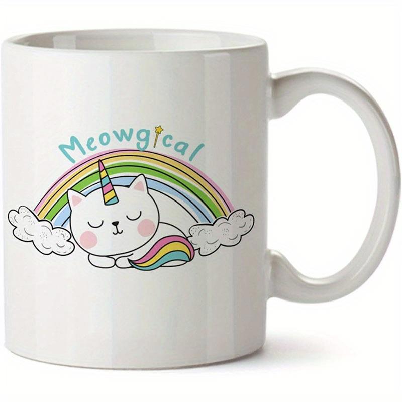 Tailorly White Ceramic 11 oz Mug - Meowgical Adorable Sleeping White Caticorn Resting Peacefully Under A Colorful Vibrant Rainbow Cat