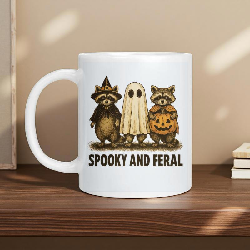 Tailorly White Ceramic 11 oz Mug - Spooky And Feral Three Raccoons Dressed In Ghost And Witch Costumes Holding Pumpkin Raccoon