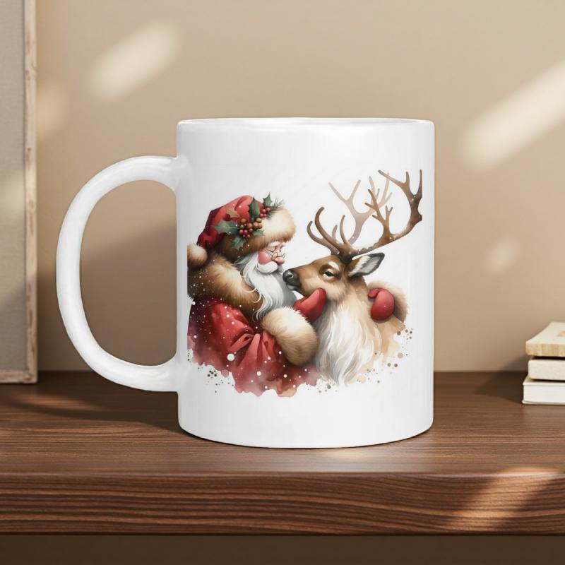 Tailorly White Ceramic 11 oz Mug - Santa Claus Embracing A Gentle Reindeer Amidst A Festive Holiday Atmosphere Reindeer