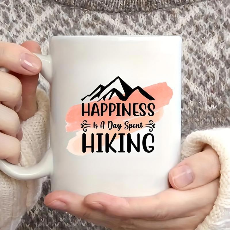 Tailorly White Ceramic 11 oz Mug - Happiness Is A Day Spent Hiking Minimalist Black Peaks Set Against Soft Orange Watercolor Textures Mountain