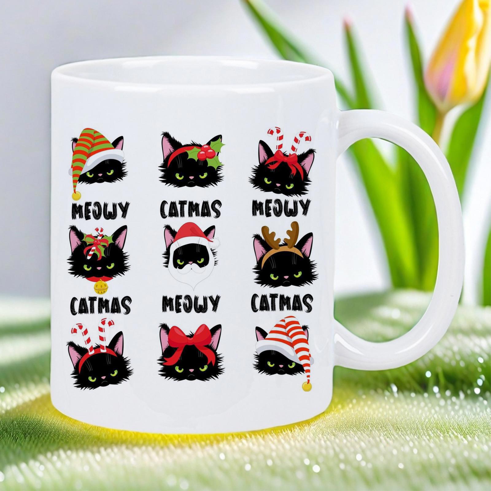 Tailorly White Ceramic 11 oz Mug - Meowy Catmas Nine Adorable Black Kittens Wearing Diverse Festive Holiday Outfits Cat