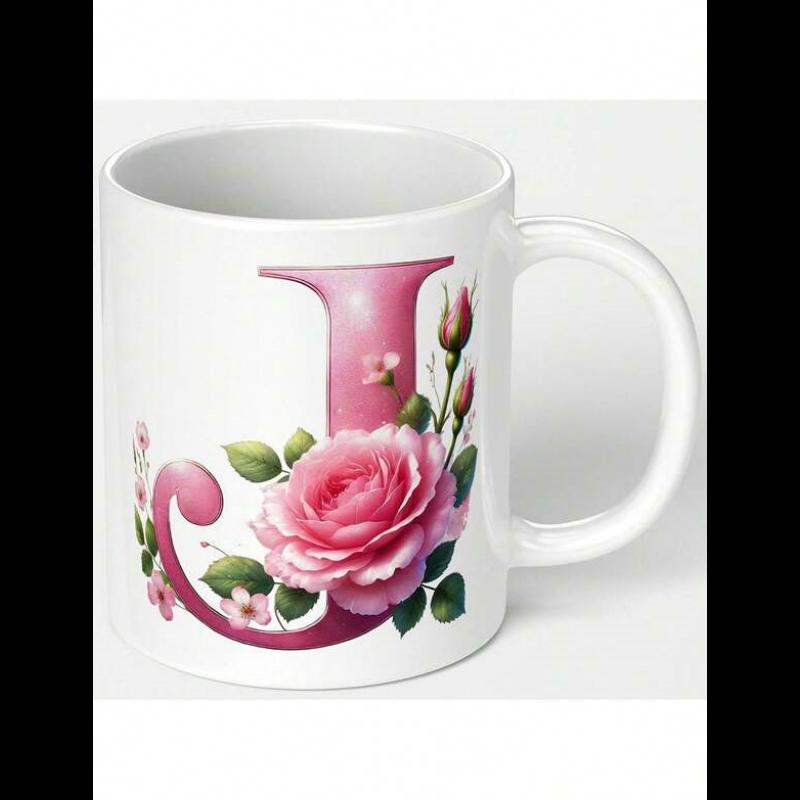 Tailorly White Ceramic 11 oz Mug - J Elegant Pink Floral Letter Among Blooming Garden Leaves And Rosebuds Rose
