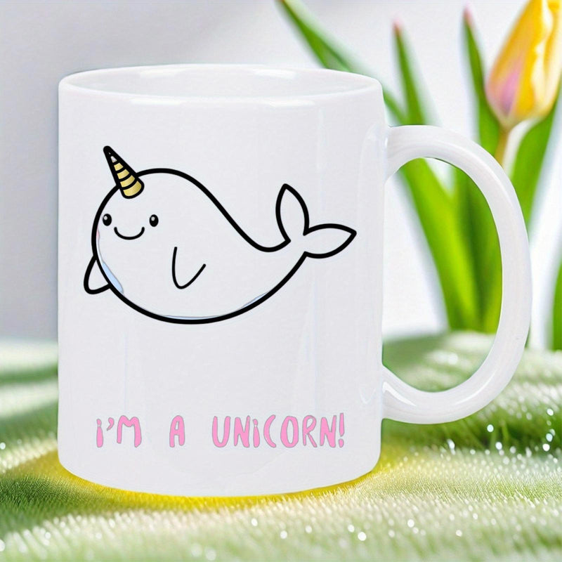 Tailorly White Ceramic 11 oz Mug - Im A Unicorn Cheerful Minimalist Cartoon Sea Creature With Golden Spiral Horn Narwhal