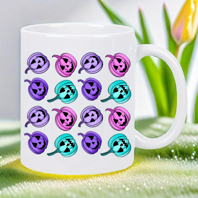 Tailorly White Ceramic 11 oz Mug - Vibrant Stylized Colorful Halloween Holiday Pattern On White Ceramic Background Pumpkin