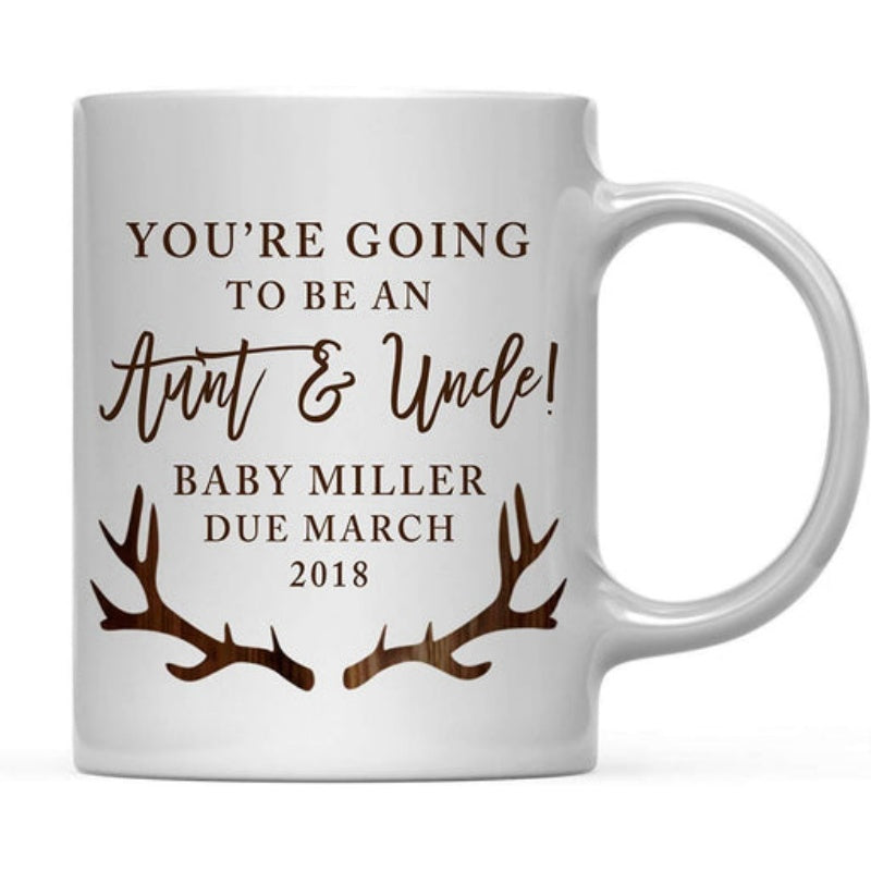 Tailorly White Ceramic 11 oz Mug - Youre Going To Be An Aunt Uncle Baby Miller Due March 2018 Rustic Brown Symmetrical Deer Antlers Resting Beneath The Center Text