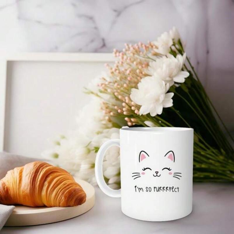Tailorly White Ceramic 11 oz Mug - Im So Purrrfect Minimalist Smiling Feline Face With Closed Eyes And Delicate Whiskers Cat