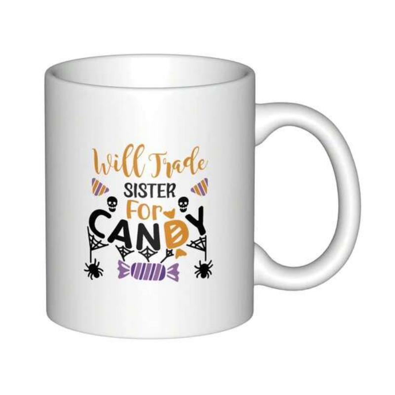Tailorly White Ceramic 11 oz Mug - Will Trade Sister For Candy Spooky Halloween Graphics With Skulls And Spider Webs Sweet Candy
