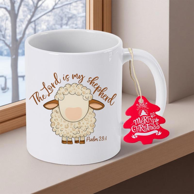 Tailorly White Ceramic 11 oz Mug - The Lord Is My Shepherd Psalm 23 1 Merry Christmas Adorable Fluffy White Woolly Lamb With Tiny Brown Hooves Sheep