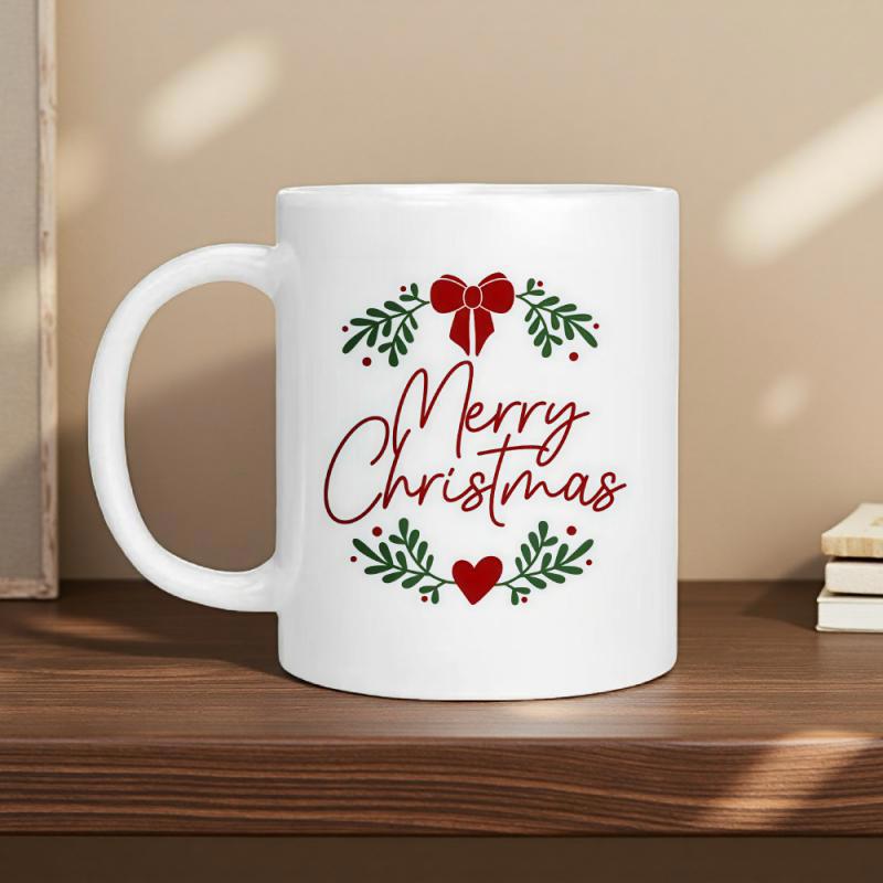 Tailorly White Ceramic 11 oz Mug - Merry Christmas Red Bow Among Green Pine Branches And A Small Heart Mug