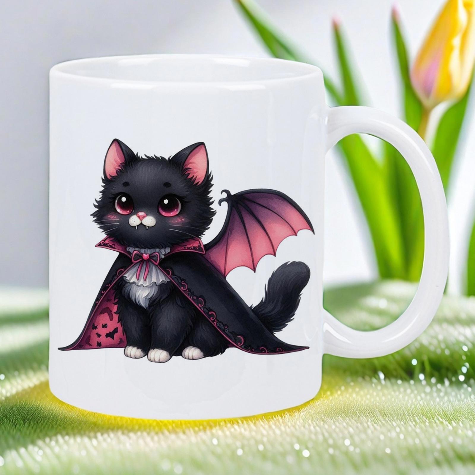 Tailorly White Ceramic 11 oz Mug - Adorable Black Vampire Kitten With Purple Bat Wings And Cloak Cat