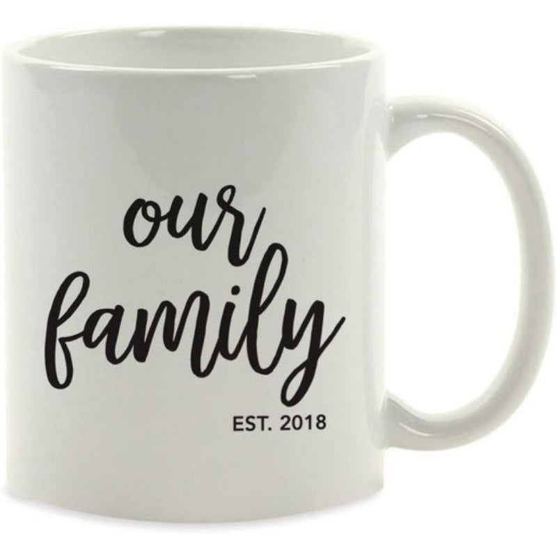 Tailorly White Ceramic 11 oz Mug - Our Family EST 2018 Elegant Minimalist Script Lettering On A Clean