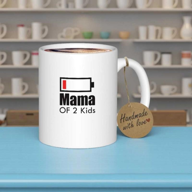 Tailorly White Ceramic 11 oz Mug - Mama Of 2 Kids Minimalist Low Battery Symbol Featuring A Small Red Power Bar Battery