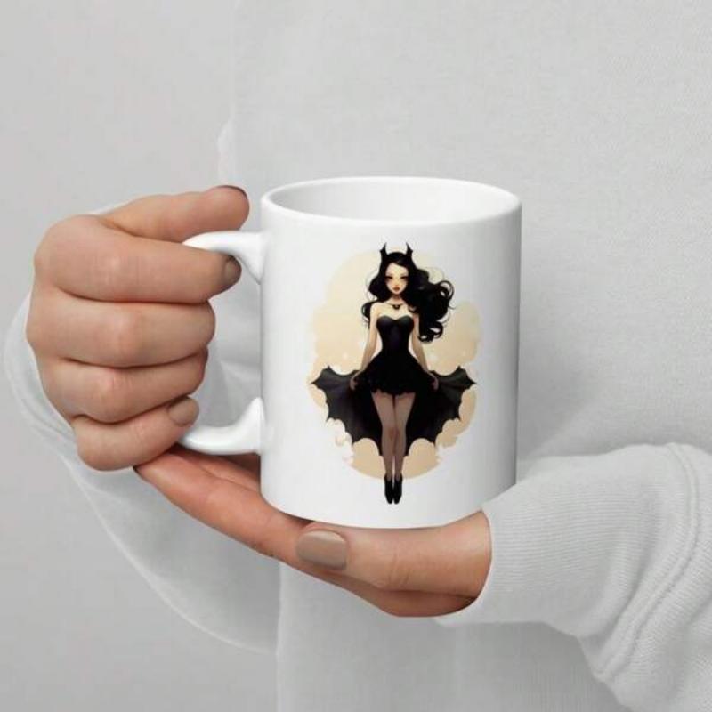 Tailorly White Ceramic 11 oz Mug - Dark Gothic Woman Wearing Elegant Black Dress With Bat Wings Girl