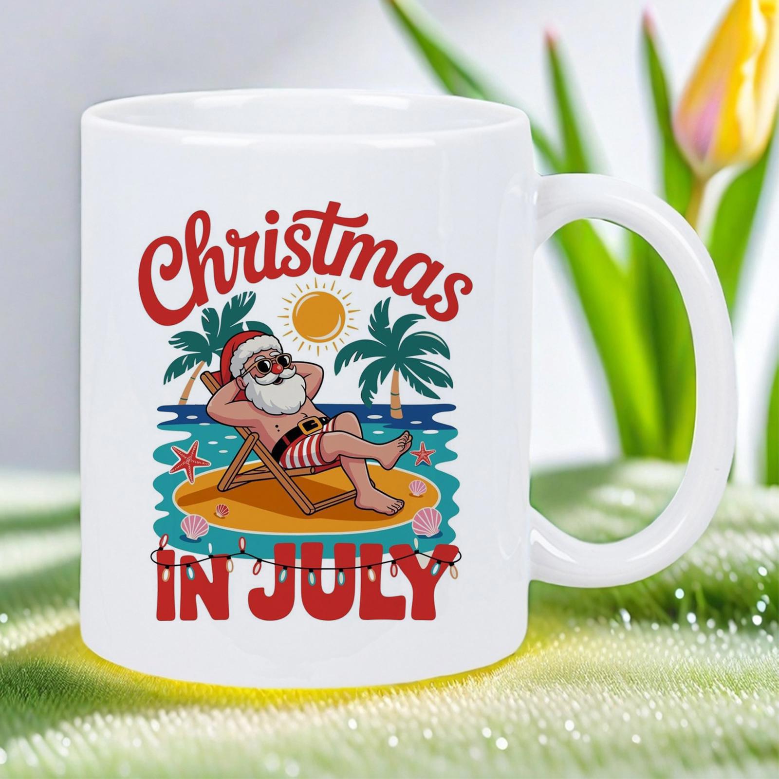 Tailorly White Ceramic 11 oz Mug - Christmas In July Tropical Island Setting With A Relaxing Festive Holiday Santa