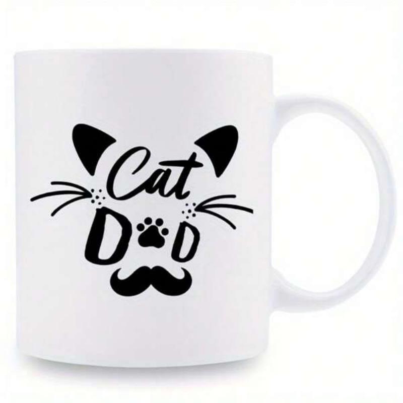 Tailorly White Ceramic 11 oz Mug - Cat Dad Stylized Black Silhouette Featuring Ears Whiskers Paw Print And Mustache Cat