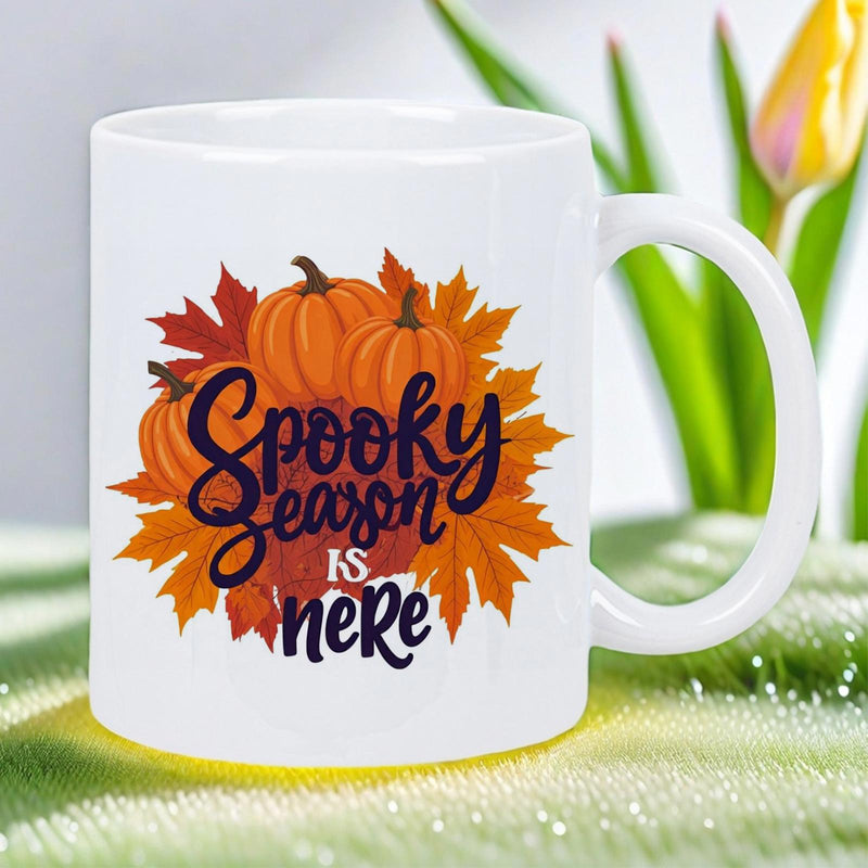 Tailorly White Ceramic 11 oz Mug - Spooky Season Is Here Vibrant Orange Pumpkins Surrounded By Festive Autumn Red Maple Leaves Pumpkin