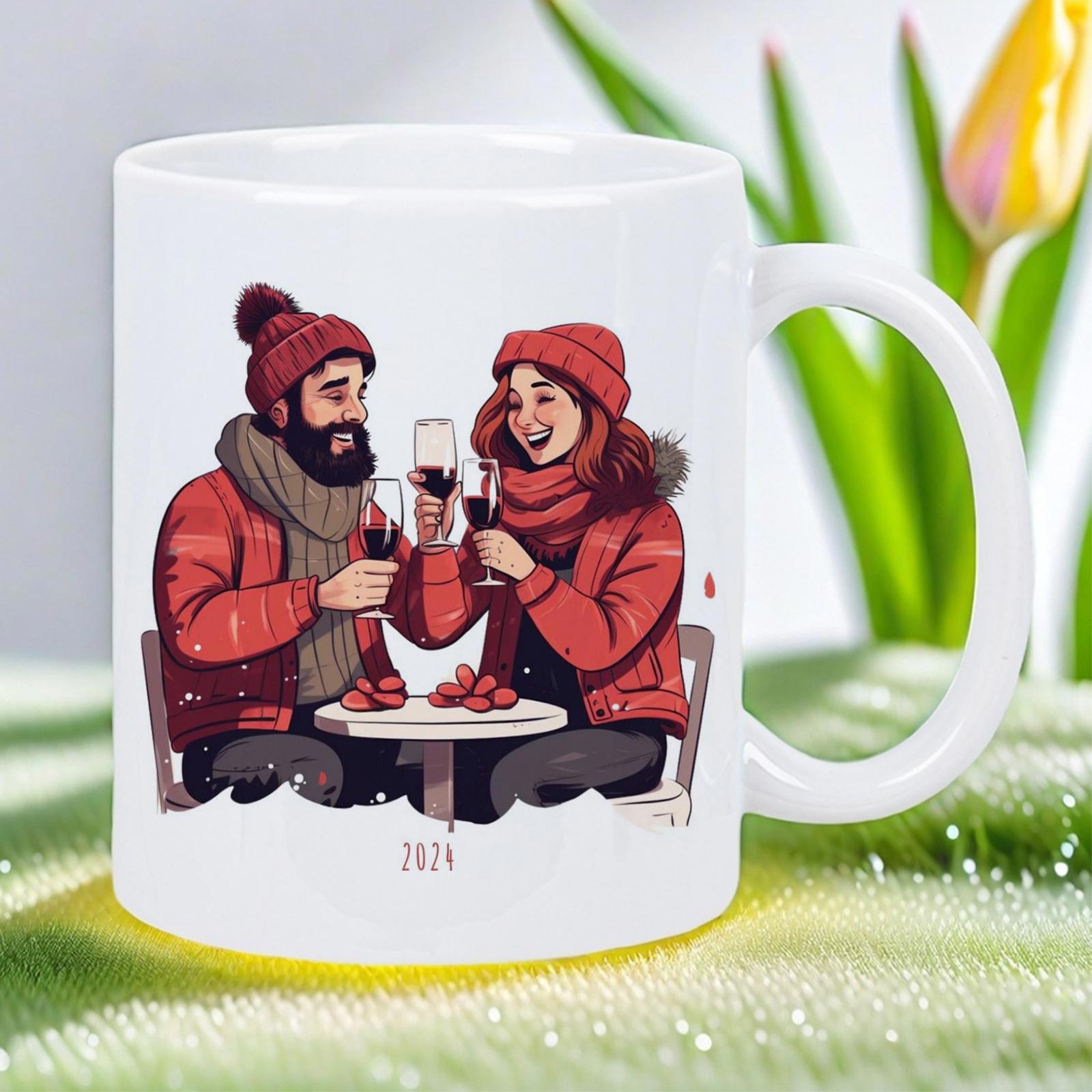 Tailorly White Ceramic 11 oz Mug - 2024 Romantic Couple Wearing Red Winter Coats Enjoying Wine On Snowy Day Couple