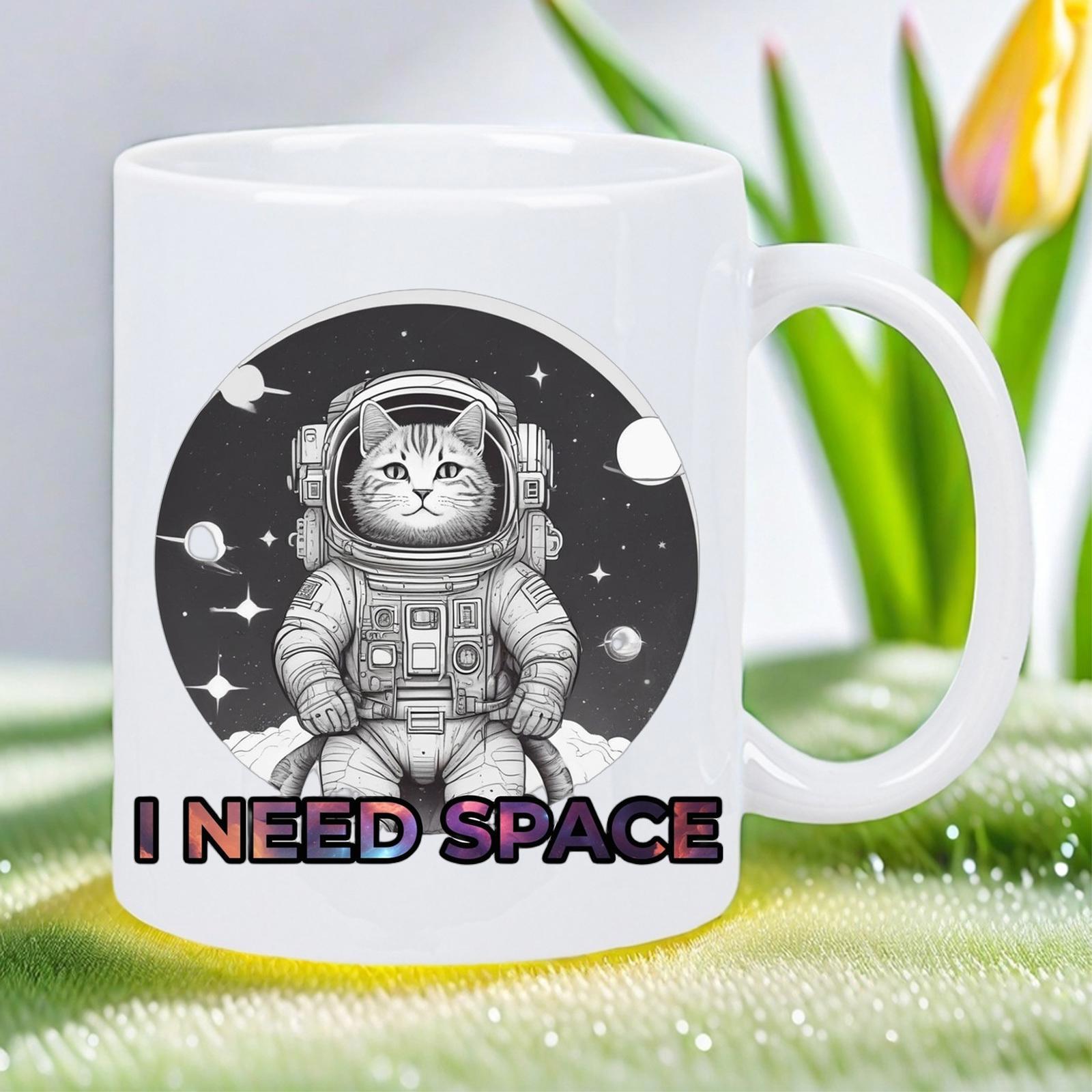 Tailorly White Ceramic 11 oz Mug - I Need Space Adorable Kitty Wearing Detailed Spacesuit Floating Within Cosmic Galactic Circle Cat