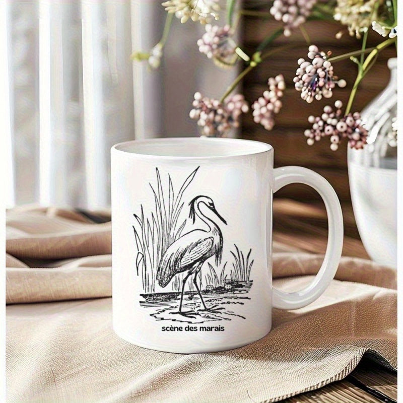 Tailorly White Ceramic 11 oz Mug - Vintage Ink Sketch Of Wild Bird Standing In Marsh Reeds Heron