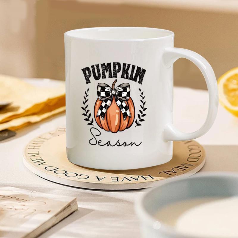 Tailorly White Ceramic 11 oz Mug - Pumpkin Season Rustic Orange Autumn Fruit With Checkered Ribbon Bow And Leafy Vines Pumpkin